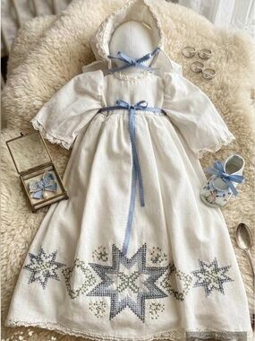 Heirloom Cloth Doll 1967: Cross Stitch Star Lace Bonnet, Mid Century Folk Art